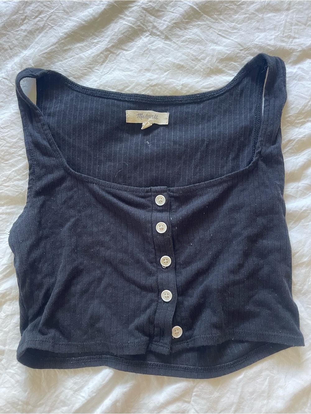 Madewell Black Ribbed Button-Front Crop Tank Top